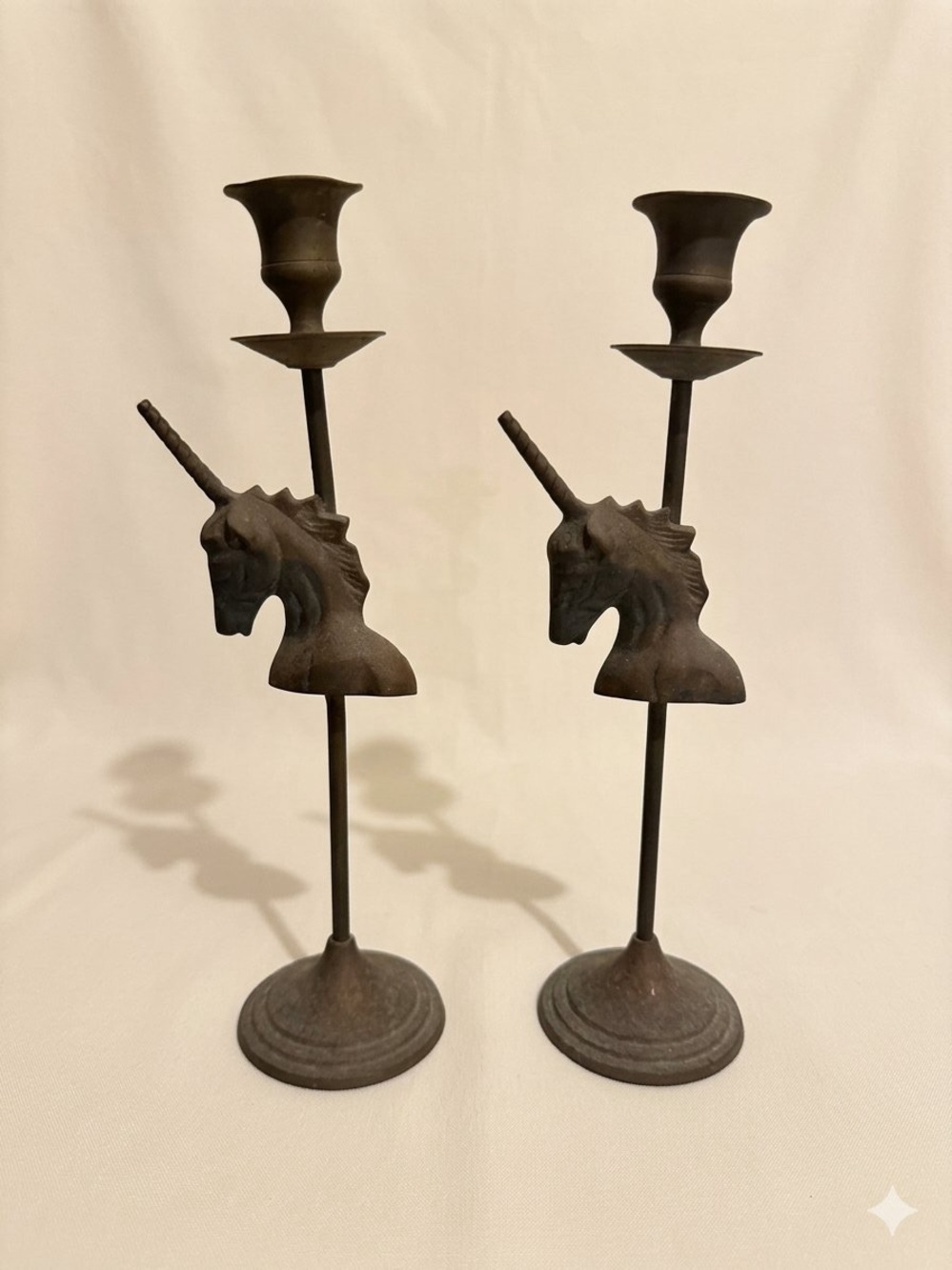 Vintage Brass Unicorn Candlestick Holders Pair 11” Dark Metal Goth Taper Stand